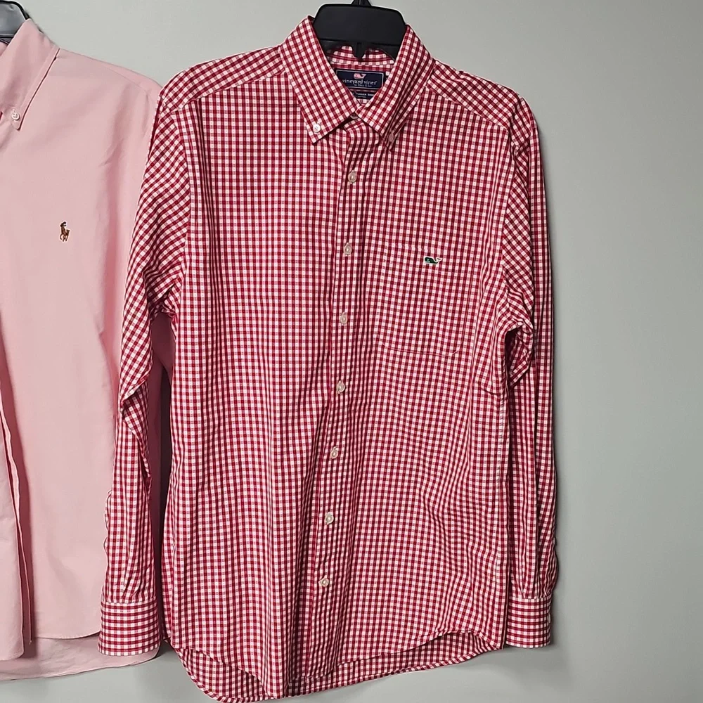Vineyard Vines Men's Medium Red Check Plaid & Ralph Lauren Peach Button Down - Picture 2 of 16